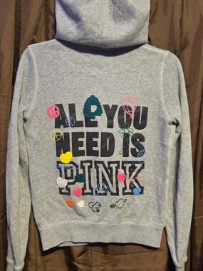 Y2K Victoria’s Secret PINK Zip Hoodie Gray Graphic “All You Need Is Pink” S